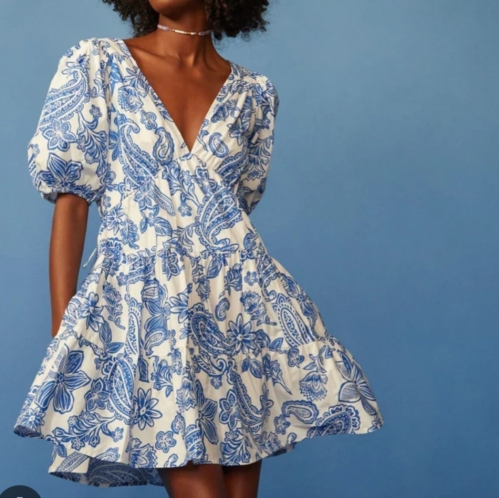 Xirena Nissa Mini Dress Puff Sleeves Santorini Print Size L Euro Summer Coastal